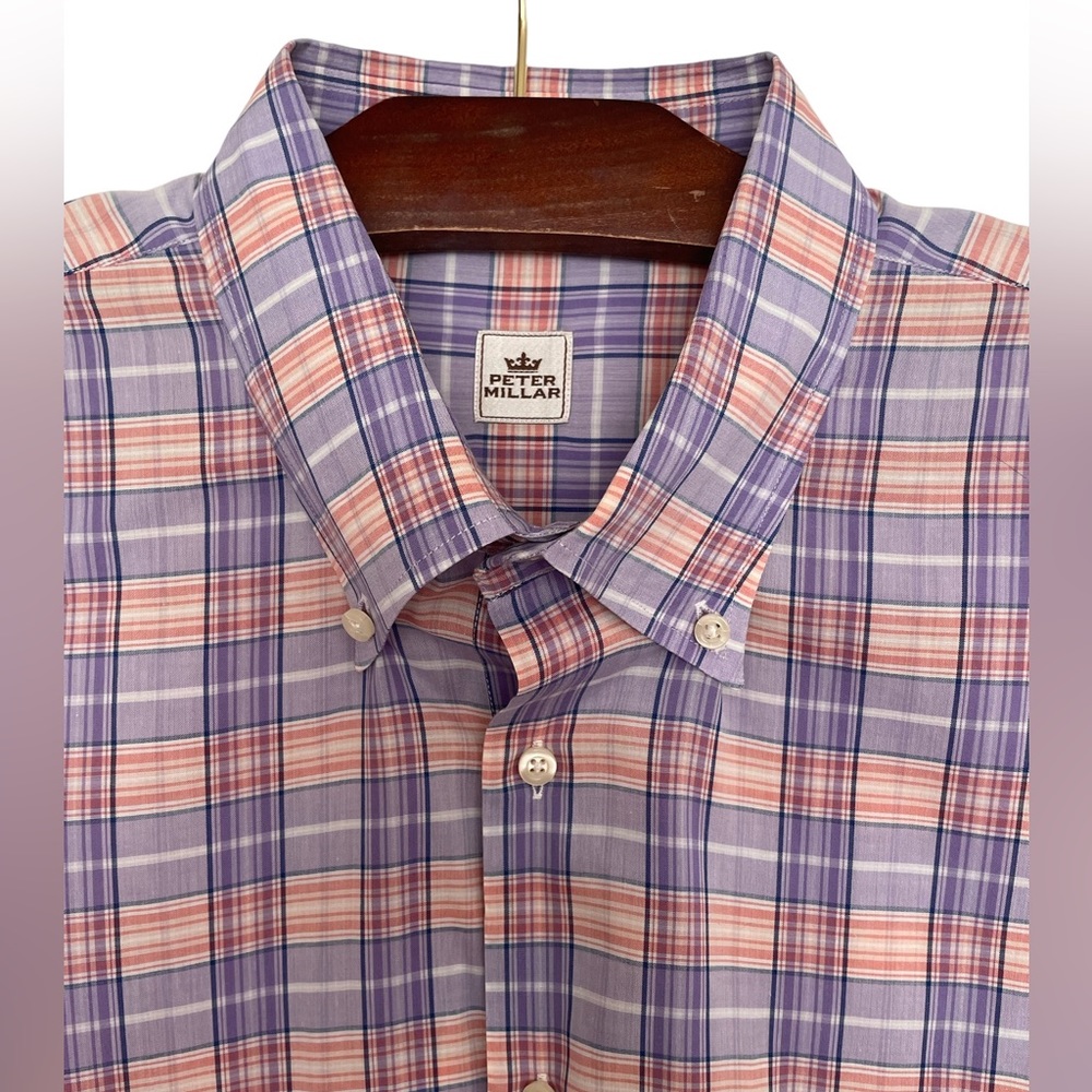Peter Millar Mens Plaid Lavender Coral Button Front Shirt Top Mens EUC Size XL